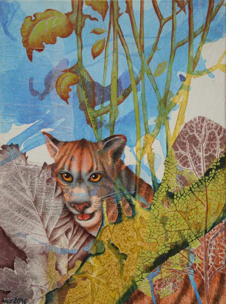 Ein Werk der Künstlerin Leonore Adler. Florale Elemente umrahmen einen Tigerkopf