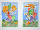 ANDREAS DRESS, 2018 #3 Zweiteilige, kolorierte Lithographie des Künstlers Andreas Dress (1943-2019): "hört und seht - das Neue kommt, das Alte geht."