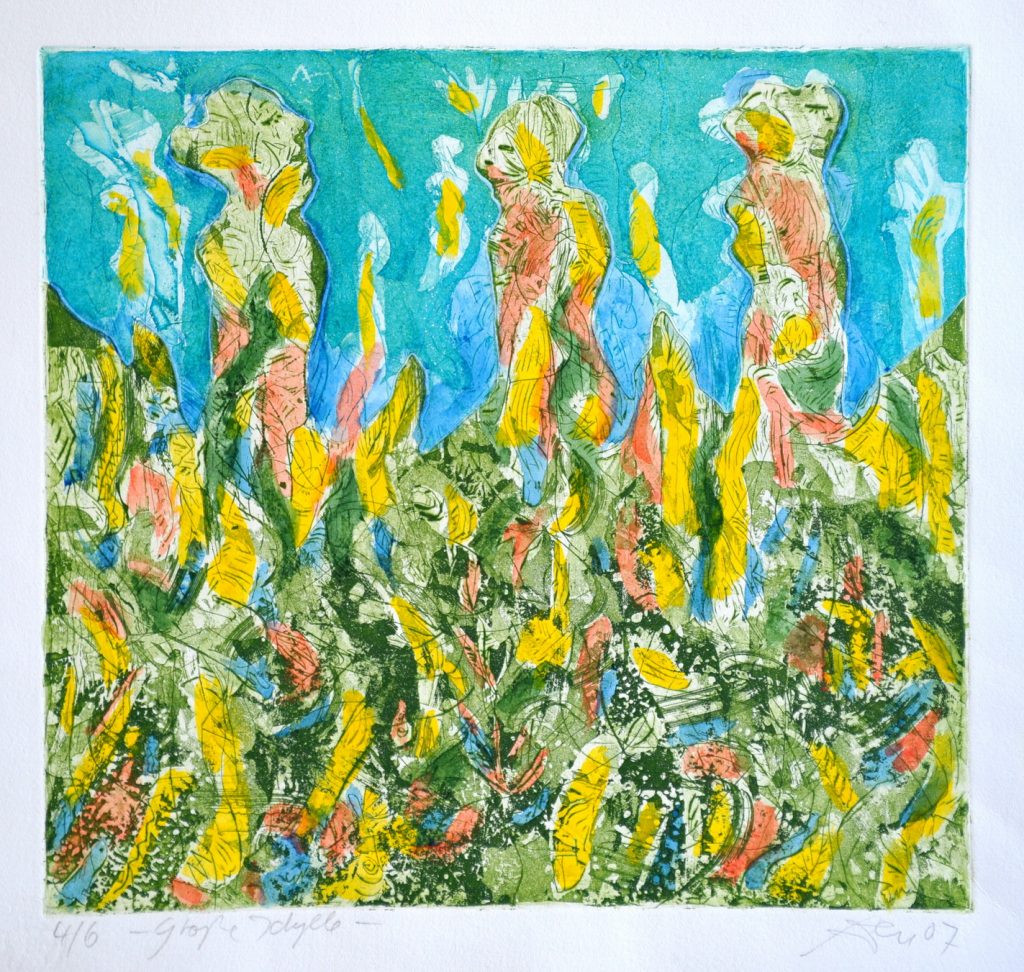 In dieser kolorierten Farbradierung des Künstlers Andreas Dress (1943-2019) streben 3 frauenähnliche Wesen scheinbar vom grünlichen Grund eines Gewässers nach oben an die hellblaue Oberfläche.