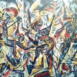 Kolorierte Radierung "Tohuwabohu" aus dem Künstlerkatalog "Grafik, Zeichnung, Bild" des Malers Andreas Dress (1943-2019).