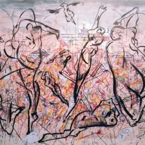 Ein buntes Durcheinander und im Hintergrund ist schemenhaft das Brandenburger Tor zu erkennen. Der Künstler Andreas Dress (1943-2019) gab dieser kolorierten Radierung den Titel "November" in Anspielung auf die politische Wende 1989 in der damaligen DDR.