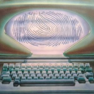 Die Grafik "Computer Control" der Künstlerin Angela Garry aus ihrem Künstlerkatalog "Typisch Angela Garry" zeigt einen Computermonitor, auf dem ein großer Fingerabdruck angezeigt wird.