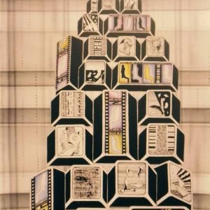 Die Computergrafik "Medienberg" der Grafikerin und Künstlerin Angela Garry stapelt Monitore zu einer Art Pyramide auf.