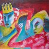 Farbenfrohe Acryl-auf-Leinwand-Arbeit der Künstlerin Angela Hampel, die einen König und seinen Narr zeigt.