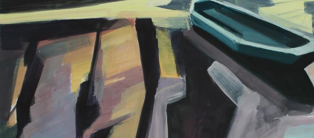 Mit Kohle auf farbigem Papier malte die Künstlerin Anne Kern ihre Arbeit "Felsspiegelung mit Boot".