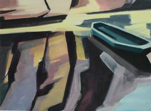 Mit Kohle auf farbigem Papier malte die Künstlerin Anne Kern ihre Arbeit "Felsspiegelung mit Boot".