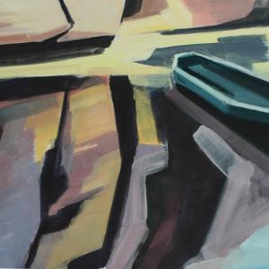 Mit Kohle auf farbigem Papier malte die Künstlerin Anne Kern ihre Arbeit "Felsspiegelung mit Boot".