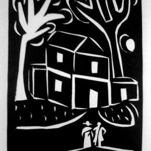 Schwarz/weißer Scherenschnitt "Kleines Haus" der Malerin Christiane Latendorf.