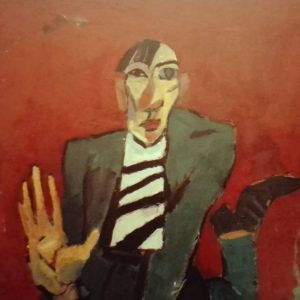 Die frühe Arbeit "Hellau" der Dresdner Malerin Gudrun Trendafilov zeigt offenbar einen stolpernden Mann, der noch im Sturz zu grüßen scheint.