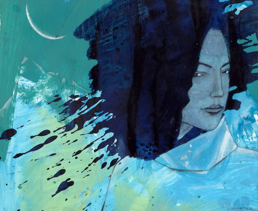 Bläuliches Aquarell "Mondnacht" der Dresdner Künstlerin Gudrun Trendafilov.