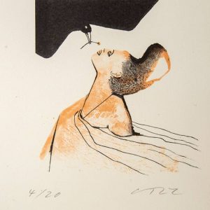 Farbalgrafie "Schwarzer Vogel mit Kirsche" der Malerin GUDRUN Trendafilov aus dem Jahr 2022.