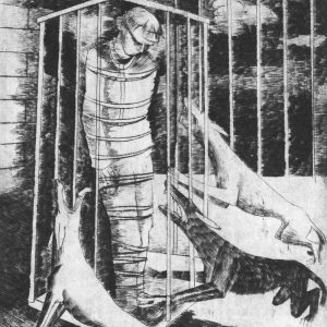 Radierung "Gefangener" des Künstlers und Malers Hans Grundig (1901-1958).