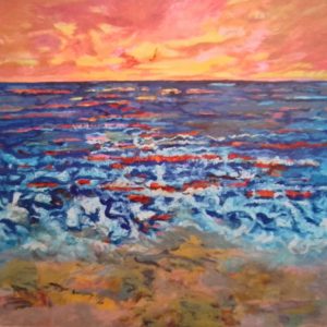 "Meeresbrandung" ist ein stimmungsvolles Sonnenuntergangsszenario am Meer des Malers Mads Svendsen-Merbeth. Das Meer ist blau, der Himmel rot.