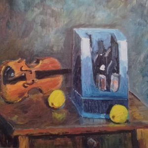 Mit Öl malte der Künstler Mads Svendsen-Merbeth sein Stillleben "Violine und Wein" auf Leinwand.