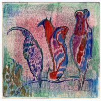 ROLAND STAAB "Papageiensommer", Blatt #1 Dies ist Blatt #1 des "Papageiensommers" des Dresdener Malers Roland Staab. 3 Papageien sitzend auf einem Ast.