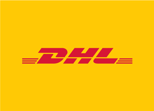 Das rote Logo des Versandienstleisters DHL auf gelben Untergrund
